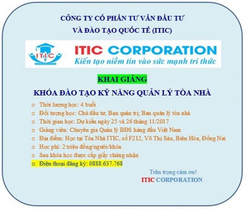 KHÓA HỌC QUẢN LÝ TÒA NHÀ DUY NHẤT CHO NĂM 2017